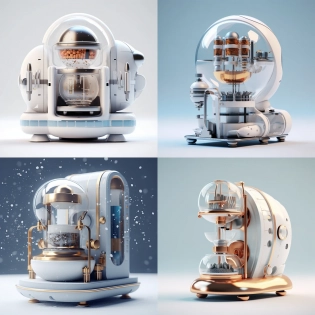 a futuristic design of coffee machine, style snow globe, in style of artstation, digital art, hyperdetailed, hyper realistic, unreal engine, white background png 4K, --ar 1:1