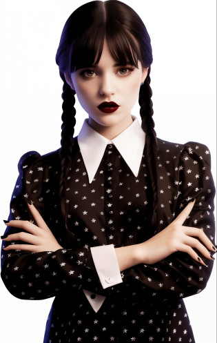 A 2d illusion A closeup of a woman with long hair wearing a dress, like Wednesday Addams, Wednesday Addams, she looks like a mix of grimes, with black pigtails, looks like a mix of grimes, killstar, grimes, pigtails, 1 7 - year - goth girl, goth girl, looks like a mix of grimes, haired pigtails, pigtail, Melanie Martinez
