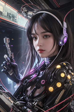 Top Quality, Masterpiece, Ultra High Resolution, (Photorealistic: 1.4), Raw Photo, One Girl Inside a Huge Space Colony, Black Hair, Glossy Skin, 1 Mechanical Girl, (Ultra Realistic Details)), Portrait, Global Illumination, Shadows, Octane Rendering, 8K, Ultra Sharp, Big, Cleavage Exposed Raw Skin, Metal, Intricate ornament details, headset, hydraulic cylinder, very intricate details, realistic light, CGSoation trend, purple eyes, glowing eyes, facing the camera, neon details, mechanical limbs, blood vessels connected to tubes, mechanical vertebrae attached to the back, mechanical cervical attachment to the neck, sitting, wires and cables connecting to the head, Evangelion, Cyberpunk, small LED lamp, background is a city inside a futuristic cylinder-shaped space colony,