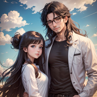 masterpiece, anime, cute, romantic, best quality, 2others, couple, mature, adult, height difference, different fashion, different color, casual clothes, long sleeves, smile, happy, love, swirling wind, blue sky, long haired man, light brown haired man, black haired woman, long haired woman, bespectacled woman, close-up --auto --s2