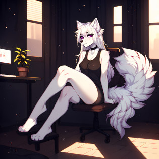 A cute anthro white wolf girl, white furry body, female, sitting on a chair, (cute snout:1.2), (looking mischievous:1.2) black choker, full body, lightly blushing, black nose, ((by hyattlen, by fumiko, by claweddrip,)), (4 toes:1.1), 4toes on each paw, cute paws, paw claws, simple solid purple eyes, highly detailed, fluffy tail, fluffy white ears, wearing a black tank top, thick thighs, bare legs, full body shot, detailed background,foot focus, (planting her paws on viewers chest), human male body, pov, sitting, sitting on viewer