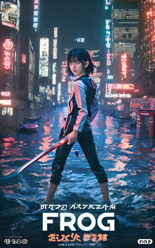 Detailed Tokyo city center at night in the background?Movie poster with realistic pictures?Boyish teenage Japan girl standing in flooded Tokyo city?Turning around?With a very slender body?Wearing black slim denim?Wearing monotone long-sleeved lace?Wearing a black vest?Natural hairstyles with cool shortcuts?She looks at you sharply with determination?Holding a long Japan sword in his hand?photos realistic, Cinematic poster, The title of the film says:
