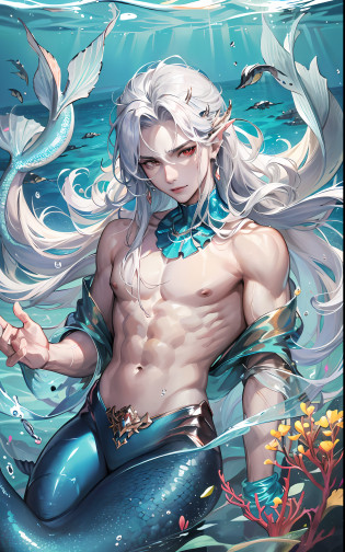 man, masculine, masculine face, attractive, muscular, (((1man))), masterpiece, absurdres, best quality ,intricate details , (shiny skin, shiny body, shiny oily luster skin, shiny hair, pale skintone), Sundown, attractive, ((muscular)), adult, one, earrings, Don't look at the view , Not looking at the view, silver hair, braided hair, perfect detailed face, perfect detailed hands, triton, fins, red eyes, triton ears, ((portait)), smirk, marine sea ornaments, ((in the water)), open chest, ((mermaid tail)), no legs, ((diving underwater)), under the sea, fishes, masculine features, masculine face