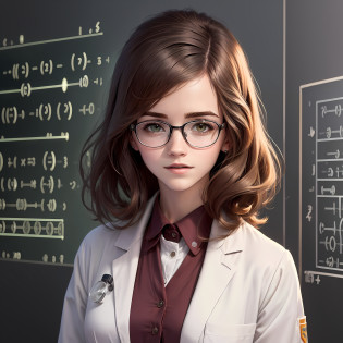Chemical scientist in lab coat, maths, physics, bespectacled, com cabelos compridos, cabelo liso, professora, FOTO de frente, foto 3x4, parecida com Emma Watson