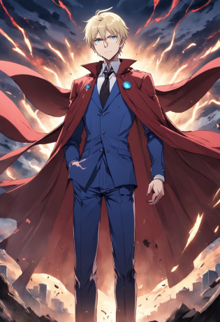 anime character dressed in a suit and cape with a red cape, johan liebert mixed with alucard, official character art, handsome anime pose, johan liebert mixed with dante, official art, anime handsome man, tall anime guy with blue eyes, handsome guy, johan liebert, official character illustration, male anime character, joe biden as an anime villain, many action poses, full body size