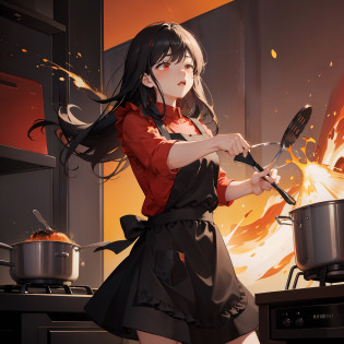?masterpiece?hightquality?vivd colour?(((Long Black Hair)))?(((Red Shirt)))?(((a black skirt)))?(((Black Apron)))?(((Cooking)))?(((Cooking explodes)))