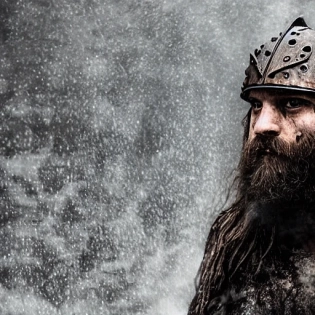 up of Viking King emerging from wet black mud :: Dark metal helmet with two large black horns on the sides of the helmet :: dark warpaint :: scruffy black beard :: angry expression :: scar on face :: Viking Axe :: cinematic lighting, volumetric rays, moody, wet, dripping mud