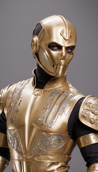 C-3PO as mortal combat character, dressed in GOLD mortal combat clothing, (mortal combat clothing:2), (full body image 2)