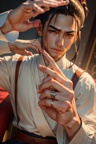 A white business card appears?The fingers are clearly defined?Accurate inter-finger slits?One hand sits on the man's fingertip?The gestures are corrected just right?Dignified gesture style close-up?Detailed representation of hands?A gesture pointing to the index finger?The forefoot has a V-shaped gesture?closeup of fist?Medium conductor Aang?Wearing a ring on his finger?Sit elegantly on your fingertips?