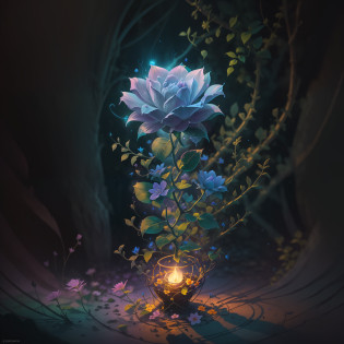 The image depicts a dark and lonely setting, steeped in magical and ethereal shades of color. The surrounding environment is dark, filled with shadows and melancholy, conveying a deep sense of loneliness and sadness.

In the center of this desolate landscape, a small flower begins to rise. It is delicate and fragile, with soft, vibrant petals in a radiant shade of azure. Its colors seem to shine, creating a striking contrast with the environment around it.

The flower rises boldly, struggling to bloom even in the midst of darkness. Its stem, amid rough thorns, represents adversity and the challenges faced in life's journey. However, despite hostile circumstances, the flower emanates an aura of hope and renewal.

Around the flower, tiny particles of light flicker in the air, like tiny fragments of magic. They gently illuminate the path of the lonely flower, symbolizing the inner strength that shines even in the most difficult moments.

This image conveys a message of overcoming and perseverance, showing that even in the darkest and loneliest situations, beauty and hope can flourish. It reminds us that even in the face of loneliness and depression, there is always a possibility of finding a path to healing and renewal