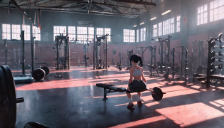 There is a gym with a barbell and a bench, Local gym, Dirty Gym, Dim dirty gym, Background to the gym, in the gym, Cottagecore!! fitness body, photo taken in 2 0 2 0, working out, photo taken from far away, circlet, Intermediate transformation, by Petr Brandl, Gym, Anime style!!! NOhumans!!! basement, Darkness, mud, The atmosphere of the basement