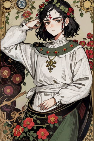 Tarot cards, fools, people, bonds, sticks and bags, cliffs, dogs, facial portrait of Princess Mononoke, close-up, see upper body and hands, upper body, black hair, floral frame, decorative panels, abstract art, Alphonse Mucha (masterpiece, best quality, high resolution: 1.4), detailed, intricate details, 4K, color splash, line art, fibonacci, outer frame, decorative frame, European decorative frame, silver decorative frame, red tattoo on face, red tattoo on face, short hair, black hair, Very short hair, Miyazaki style, Ghibli style, mask ornament on the head, draped in wolf skin, white salmon, thickened frame, green background, plant background, white tender skin,