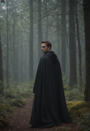 Homem misterioso com capa encapuzada no topo de uma montanha, vestido com um manto preto, wearing a flowing robe, vestindo um manto preto, Yuri Shwedoff e Tom Bagshaw, um manto preto, capa preta, elegant cinematic fantasy art, dark cinematic concept art, Arte de fantasia 4k, Capa escura, Arte de fantasia 8k, camuflado