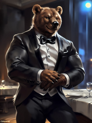 4k, high resolution, best quality, perfect colors, perfect shadows, perfect lighting, posted on e621, solo, anthro brown bear, detailed ursine face, male, adult, (very muscular, buff, manly face, brutal, heavyweight:1.3), correct anatomy, (photorealistic fur, detailed fur, epic, masterpiece:1.5), (detailed restaurant background), nighttime, (by Chunie, by Rukis, by Taran Fiddler), (detailed ursine eyes, detailed hands and fingers:1.4), clothed, (wearing tuxedo:1.3), confident smile