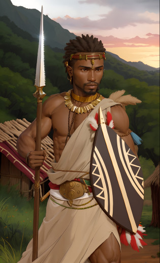 West Africa Spearman in tribe, holding a spear and equipped with a shield, West Africa tribe, correct anatomy of two hands, 15th century, medieval, middle-aged, muscular, strong body, well-built body, with darkish skin, black people, West African, passersby face, npc face, mediocre,Featureless, not impressive