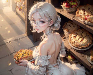 (master piece:1.3),(ultra detailed:1.1),

(solo,1.3),(Light gray eyes:1.2),
(white hair:1.3),(Silver round glasses:1.3),(round face:1.2),(big ass:1), (thick thigh:1.2),(curvy:1.1),(medium breasts:1.35), light smile,
(white Medieval Fantasy Clothing, white off-the-shoulder dress, Miniskirt, slit, Backless dress:1.5), (nose blush:0.6),
(beautiful ultra detailed eyes, highly detailed skin, Glossy and glowing skin:1.1),looking back,

background,(fantasy Store, Clerk:1.1),(Lots of Bottled honey on the back shelf:1.4), (crowded, city scraper in distance:1.4),(insanely detailed:1.1),(bread basket, Apple Pie:1.6),close up:1.2, upper body, dynamic angle:1.4,(Lots of honey, Lots of bread, Lots of fruit, crowded:1.2),

(from above:1.4), looking at viewer, sunlight, professional lighting,(professional lighting, shading:1.3),(highly detailed background:1.2),Indoor,
(background medieval fantasy town:1.1),(Medieval fantasy world:1.3),
(physically-based rendering, professional lighting, photon mapping, radiosity, soft light, lens flare:1.3),
pale color,