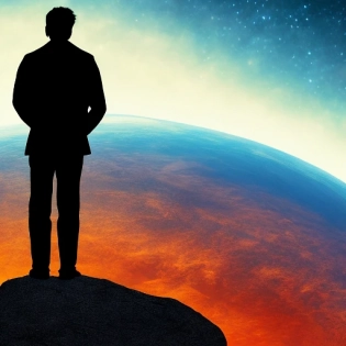 4K ultra HD detailed award-winning wallpaper silhouette of lonely man standing looking at Earth from far away huge vast sky universe