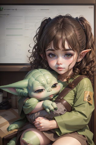 a beautiful human girl with curly brown hair holding a baby Yoda in her lap, Grogo, yoda guerra nas estrelas, art-station, cgi_animation, curly_hair, cute_girl, baby_yoda.