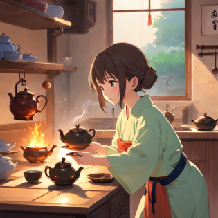 Anime 7-year-old girl in Hanfu standing next to a teapot, flatchest?full bodyesbian?Boiling a teapot over charcoal on the stove, Side Body?stove?charcoal fire?teapot?Please wear black cloth shoes?author?author?Qu Leilei, author?Chen Dafu, author?Xia Gui, author?Elephant Kazuyoshi, by Yang J, author?Qiu Ying, author?Chen Jiasui, author?shaggy, author?Xia Yong, author?Yao Tingmei, Drinking tea, By Li Song