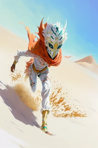 a man running looking at the camera in top of a white sandy dune, wearing a white tribal mask and white oversized clothes, intricate tribal details, dreamy, colorful, bright colors, futuristic, anime style, studio ghibli::2 --ar 2:3 --q 2