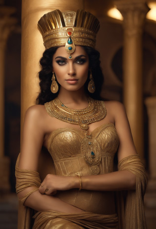 um close up de uma mulher usando um vestido dourado e um cocar dourado, cleopatra portrait, beautiful cleopatra, Egyptian Princess, Um retrato impressionante de uma deusa, cleopatra portrait, Retrato de uma bela deusa, cleopatrah, mulher linda, Egyptian, linda mulher bonita, Cleopatra in her palace, wearing an egyptian crown, Egyptian makeup, Retrato da deusa 3D.