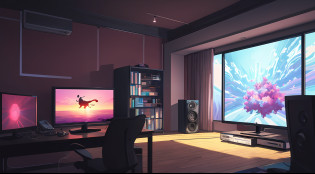 (masterpiece), (best illustration),(no humans), anime background, gaming bedroom, television with large computer, ring lighting , rim lighting,(extremely detailed CG unity 8k wallpaper),(masterpiece), (best quality), (vaporwave style), (ultra-detailed), (best illustration),(best shadow),perfect lighting , perfect anatomy , vivid colors,