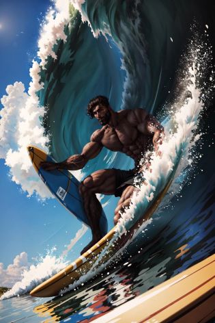 Highly detailed, High Quality, Masterpiece, beautiful, surfing, waves, <lora:Surfing:0.8>, 1boy, gigachad, <lora:Char_Sigmas_GigaChad:0.9>, (detailed face and eyes:1.3)