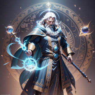 midjourny-v4 style, Professional Photoshot medium a male mage, tunic over head, beard and white hair, holding shiny staff, ancient mystical time lord, archmage, legendary god with light blue tunic and highly detailed white intricate, time father, beautiful celestial mage, spell casting, a huge giant celestial god, hermes trismegistus, portrait of a wizard, moon god,  highly detailed beautiful face, standing in darkness with black particles surrounding the body, proportional body shape + perfect anatomy, symmetrical dynamic pose, volumetric shadow, neon effect of bright dust particles + detailed particles, render full hd + 3D octane render + unreal motor 5 4k UHD graphic + immense detail + dramatic lighting + well lit + intricate + fine details + octane render + Ray tracing + 8k + sharp focus + high vibrant contrast,  in DC style, trend in ArtStation --auto --s2