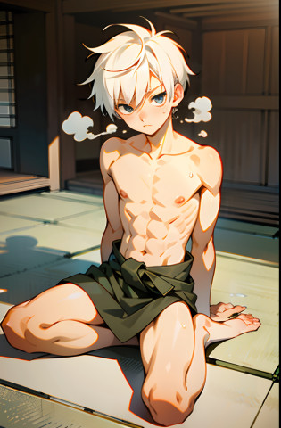 masterpiece, best quality, high quality,  1boy,10yo, , duo, male focus, full body, looking at viewer, white hair,spiky hairstyle, short hair, steam smork, japan style,  anime coloring, shy, home muji style, detailed face, topless, white towel on waist,white silk, outdoor, sweat, open legs