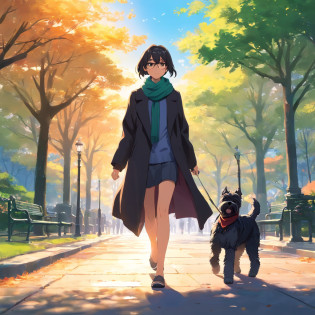 Master Parts, schnauzer, matrix style, Black coat, Take a walk in the park, Walk on the sidewalk with a scarf on your head, Lunette de soleil, Dynamic Angle, top-quality, 4K,