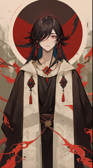 1mature man?cabelos preto e longos?red color eyes?Black sage robe