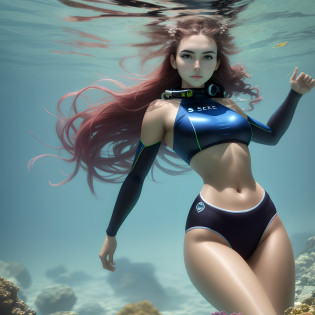 Female divers?solo person?24-year-old woman?Beautiful face?smallunderboob?ssee-through