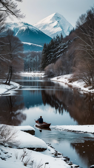 a serene masterpiece captured in ultra-detailed 8k resolution. The image showcases a solitary boat gently floating on a cold river? An old man dressed in a raincoat ?Wear a cape on his head?peacefully fishing alone in this tranquil setting. The atmosphere is serene and peaceful, with the snowy landscape creating a sense of calmness. The image portrays the serenity of the moment, with the solitary boat and the old man adding a touch of nostalgia. The cold river and the snow emphasize the quietness and stillness of the scene, creating a harmonious and peaceful ambiance