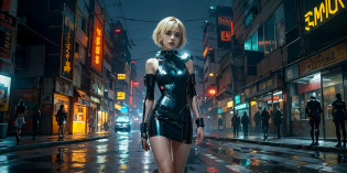 Kiernan Shipka with short blonde hair in a short dress and black latex neckline standing on a wet street, seios grandes, cintura fina, coxas grossas, em cyberpunk city, em uma cidade cyberpunk, no estilo cyberpunk, Foto cyberpunk, Cyberpunk shiny latex short dress, cyberpunk em uma cidade cyberpunk, Cyberpunk feminino loira, in a cyberpunk setting, em uma cidade cyberpunk, em uma cidade cyberpunk, Cyberpunk, Garota cyberpunk, em uma Cidade Cyberpunk Futurista