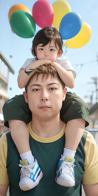 A father and son, son riding on the father's shoulders, inspection, many balloons, Content, Content, Perfect quality, Clear purpose (Clutter-Home: 0.8), (masutepiece: 1.2) (realisitic: 1.2) (Bokeh) (full body Esbian) (Detailed skin: 1.3) (Intricate details) (8K) (Detail Eyes) (foco n�tido), (Content), Air Jordan Shoes