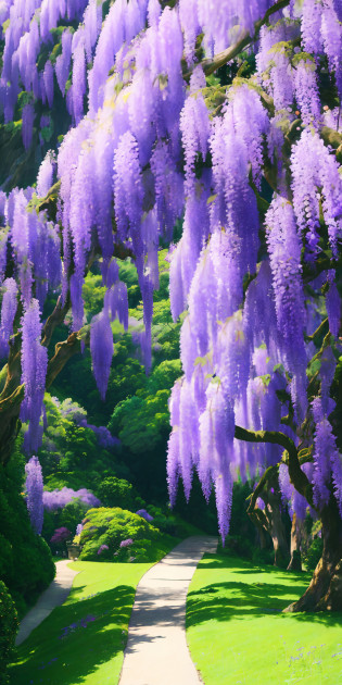 Beautiful and lush mountain scenery of a purple wisteria tree, reminiscent of the works of Miyazaki, Nosaka, and Studio Ghibli. Full of vitality and wildness, captured in an aspect ratio of 9:16 - a true masterpiece to behold.