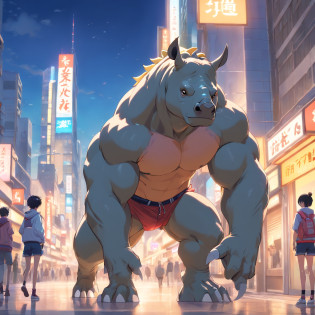 ((foto crua)), ((obra-prima)), Anthropomorphic humanoid rhinoceros wearing (((roupas de streetwear))), caminhando furiosamente entre as pessoas, detalhe intrincado, intricate Greebles pieces, city behind, corpo musculoso, (((large muscles))), muscular arms, (small head), Ogro monstruoso, Titan soft lighting, Hiper realista, soft-lighting, Ambiente sinistro