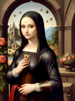 Cat woman cute traditional outfit, realistic oil painting masterpiece , flowers , beautiful , Leonardo da Vinci , nun , church , saint , goddesses