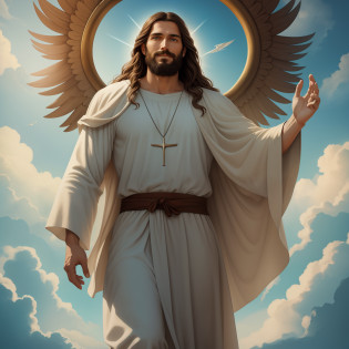 A handsome god Jesus christ ( jesus) blessing to the sky  35 years old with a long brown hair and long beard, heaven blessings light with a cross background)  happy face, realistic 8k,A beautiful ultra-thin realistic portrait of Jesus, the prophet, a man 35 years old Hebrew brunette, short brown hair, real perfect eyes, long brown beard, with, Helping People , wearing long linen tunic closed on the chest part, in front view, full body, biblical, realistic,by Diego Vel�zquez,Peter Paul Rubens,Rembrandt,Alex Ross,8k, Concept Art, PhotoRealistic, Realistic,  Illustration, Oil Painting, Surrealism, HyperRealistic, helping people , Digital art, style, watercolorReal Jesus flying on sky with a flying cloud in the background, Jesus walking on water, biblical illustration, epic biblical representation, forcing him to flee, coming out of the ocean, ! holding in hand!, disembarking, god of the ocean, beautiful representation, 8k 3D Model, realistic,
a 3D Realistic of jesus with a halo in the sky, jesus christ, smiling in heaven, portrait of jesus christ, jesus face, 35 young almighty god, portrait of a heavenly god, greg olsen, gigachad jesus, jesus of nazareth, jesus, the face of god, god looking at me, he is greeting you warmly, he is happy, avatar image