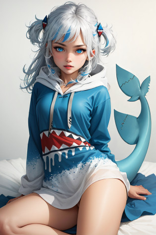 best quality, intricate details, 1girl, white hair, blue eyes, sharp eyes,messy hair, blue highlights, sharp teeth, blue hoodie, shark teeth design, bare legs, hair ornament, gawr gura, shark girl, shark tail, shark print, blue hoodie, sharp teeth, animal hood, shark hair ornament, <lora:gawrGuraHololive_v2:0.8>