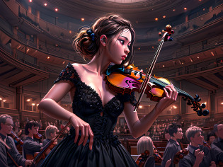 high details, best quality, 16k, [ultra detailed], masterpiece, best quality, (extremely detailed), full body, ultra wide shot, photorealistic, RAW,  realistic art, octane rendering, an ultra wide, full body, a picture  of a human female  (1.5 intricate details, Masterpiece, best quality) violinist,  playing a (violin: 1.5)  and enchanting people in a concert hall, black evening dress, epic beautiful female human [[anatomically correct]]  violinist (1.5 intricate details, Masterpiece, best quality), dynamic hair, concert hall full of crowd, many people (1.5 intricate details, Masterpiece, best quality), concert hall background, 2.5D rendering