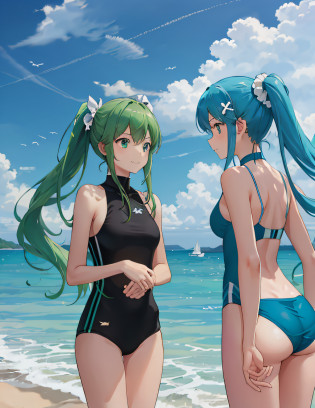 ((Masterpiece))),Superb Picture Quality,Ultra Detail,Ultra High Definition (((Masterpiece))),Superb Picture Quality,Ultra Detail,Ultra High Definition,Vacation,Cove Without People,Sound of Waves,Blue Sky,Smile,Two Shot,Twins,Sister,Sisters,(1 Girl),Sister,Ponytail,Green Hair,Competitive Swimsuit,(2 girls),Sister,Twin Tails,Green hair,Competitive swimsuit,Summer, Beautiful sky, Thin outline, Light reflection, Pair, It emphasizes the exquisite beauty of a beautiful girl. Watch the best quality