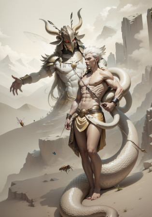 Battle between the Serpent God and the Insect God?The figure of the snake god beauty young man?The serpent god threatens enemies with a bow?Attack the insect god by putting out a large snake from the body?The insect god wears armor in the form of a giant?An insect god leaning over from the other side of the mountain?The god of insects is bigger than a mountain?Insects flying around insects?The hair of the snake god turns into countless snakes