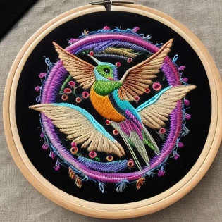 embroidered circle with hummingbird on black background and a lot of texture, frontal view, neon iridescent colors, embroidery style