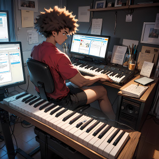 There's a black man with an afro sitting at a desk playing the keyboard, keyboardist, assis au bureau au clavier, youtube video screenshot, album art, using synthesizer, music being played, video still, dans son atelier au sous-sol, playing a korg ms-20 synthesizer, compositeur, Alphonse Muca, devant un ordinateur, pose artistique, Il est un artiste --auto