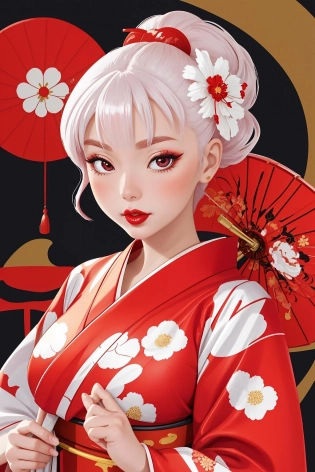 Masterpiece, 4K, beautiful, kimono, red, white flower pattern, silk kimono, shiny kimono, red kimono belt with white flower pattern and a golden rope, woman wearing the kimono, geisha hair, Kyoto background, bimbo, glossy, detailed background, facing he viewer, posing for a picture, (puffy lips, lipstick:1. 2), big boobs<lora:Kimono:0. 655>