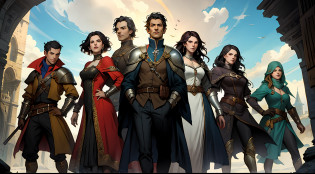 Image of Aalfed of a group of people dressed in medieval costumes, promotional art, author?Arthur Penn, key art, medieval fantasy game art, mistborn, by Galen Dara, game key art, style arcane tv series, Fantasy Victorian art, tom bagshaw weta studio, estilo de fantasia steampunk, fantasy medieval, Arcane TV series style, medieval dark fantasy