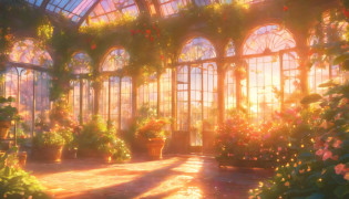 ?masterpiece, greenhouse, Fantasy, beautiful gardens, Palace gardens, Bright sunlight, Belle �poque, Pixar, Cinematic lighting, Back lighting, 4k, UHD, Best Quality