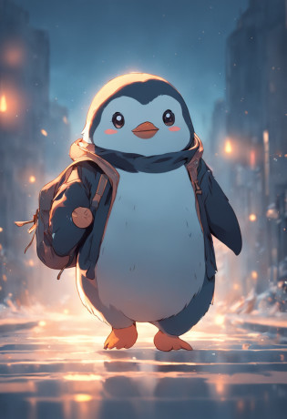 photoRealstic?Drawing of a cute ((chonky penguin ?)) going for adventure, cute look, a ((small bag pack)) in the back of penguin, hd ,soft contrast, ((fluffy penguin ?)), adorable