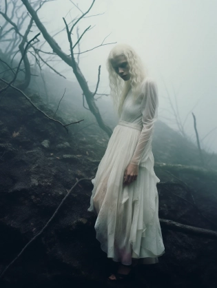 Editorial Photoshoot on a eerie foggy forest, a blonde albino model wearing a white muddy torn gown, realistic, photorealism, real human, uhd, film, color faded film, Hasselblad 35mm --ar 3:4 --v 5. 2